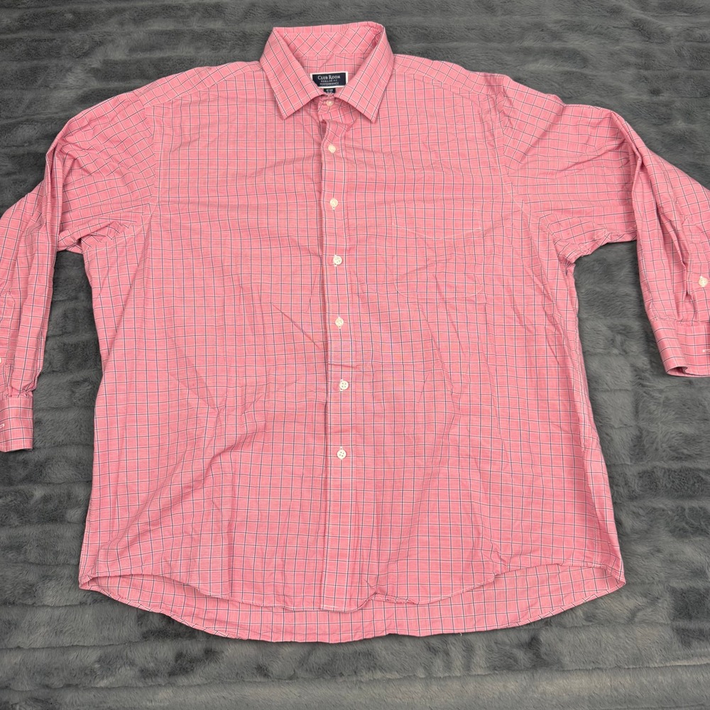 Club Room Mens Performance Dress Shirt 17.5 32-33 Pink Check Wrinkle Resistant
